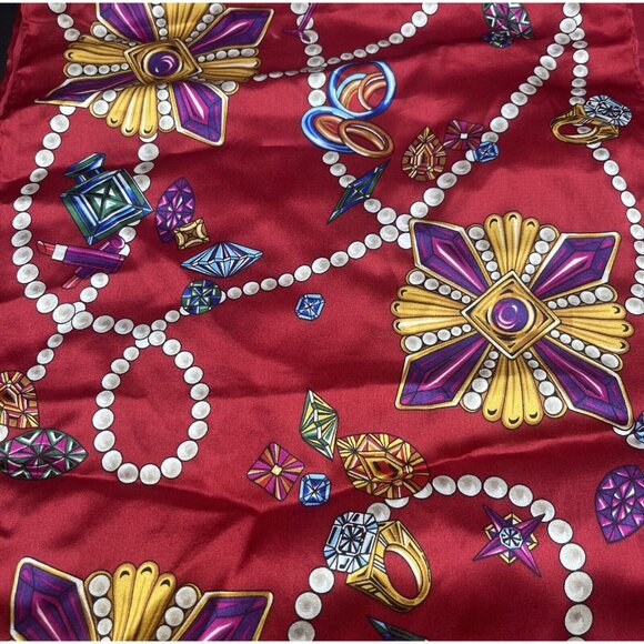 Nick & Nora  Scarf 100% Silk Jewelry Print Bling Red Background Oblong 60” - Picture 3 of 5